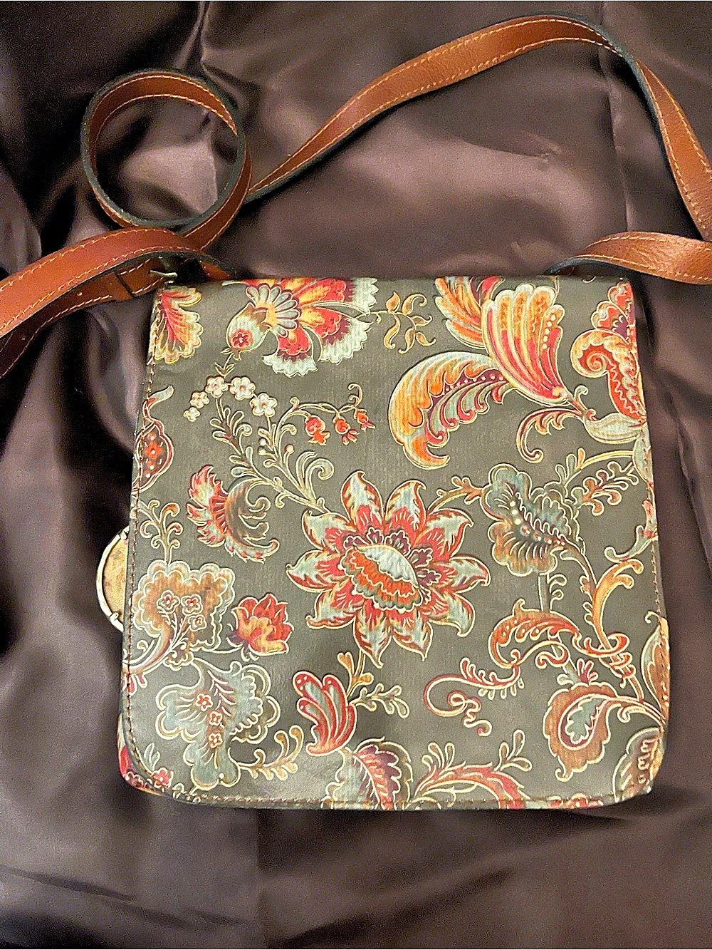 Patricia Nash Floral Crossbody Bag in Brown & Green Italian Parsley leather65